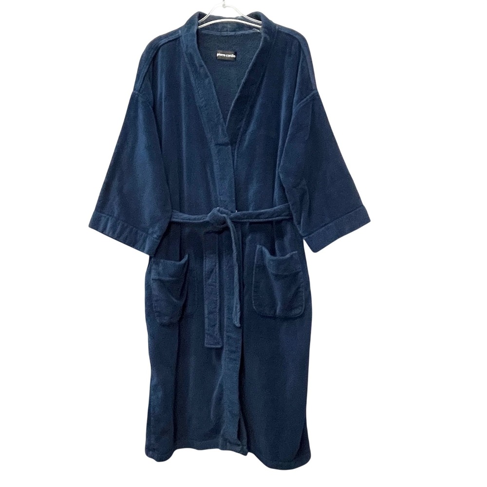 Pierre Cardin Navy Blue Terry Bathrobe Unisex OSFM Classic Vintage Spa Designer